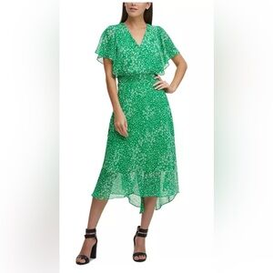 DKNY | Chiffon V-Neck Flutter Sleeve MIDI Dress